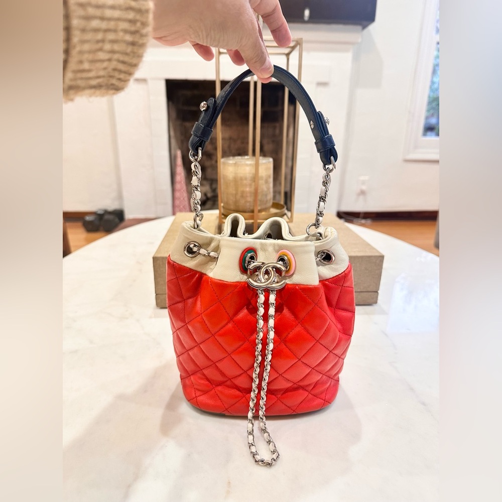 SALE!!!! CHANEL Lambskin Quilted Cuba Drawstring Tote Red White Blue
